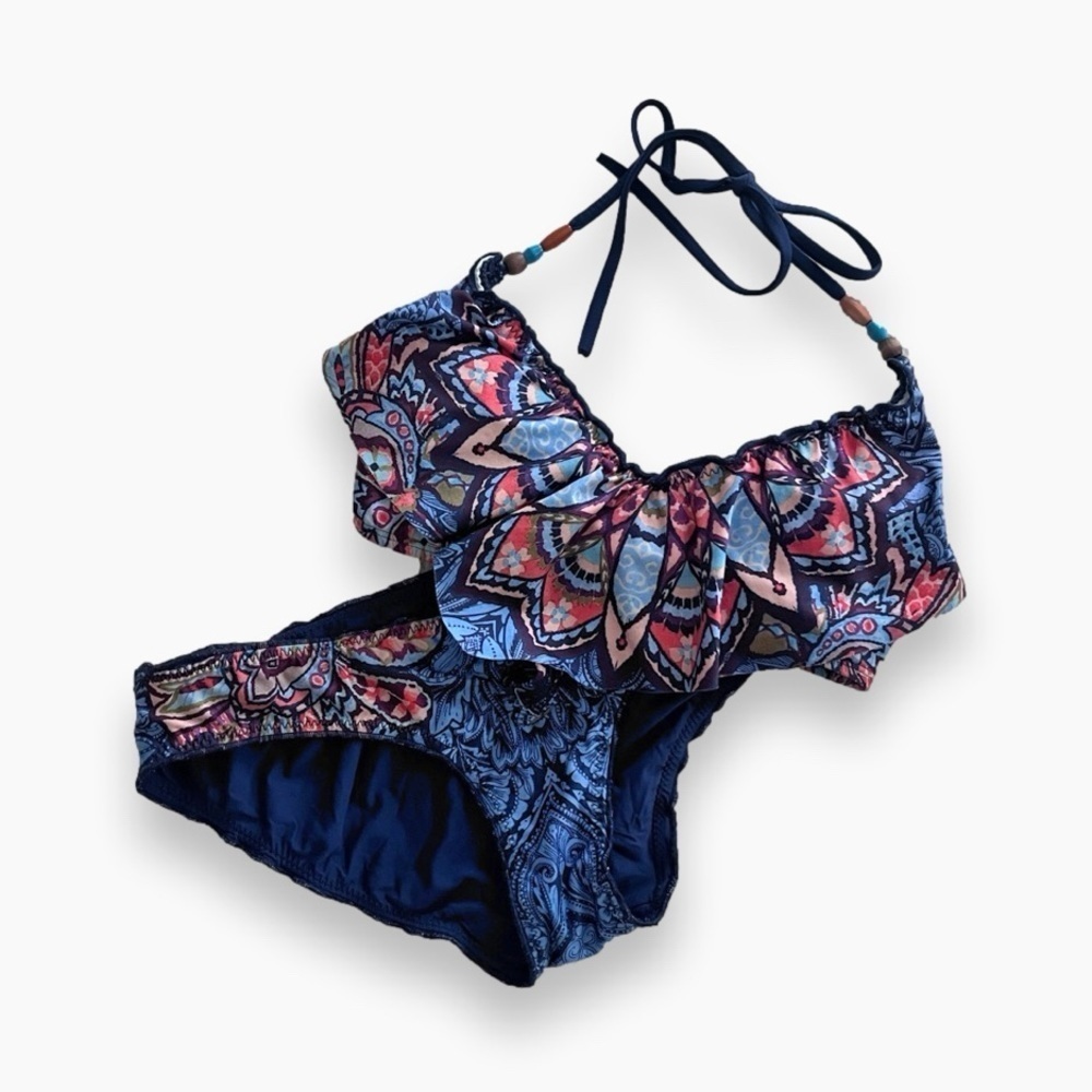 LUCKY Brand Bikini Set in Navy and Coral Batik Print Women’s Size Medium EUC
